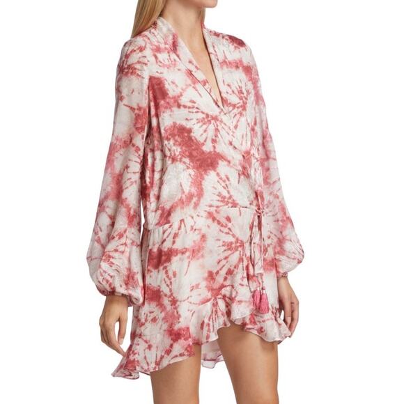 Rococo Sand Ava Rosewood Tie Dye Print Faux Wrap Ruffle Mini Dress Size M - Picture 3 of 15